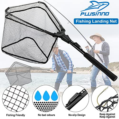 PLUSINNO Fishing Net Fish Landing Net, Foldable Collapsible Telescopic Pole Handle, Durable Nylon Material Mesh, Safe Fish Catching or Releasing