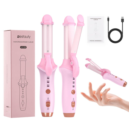 Bestauty Small Cordless Curling Iron 1 inch, Mini Dual Purpose Curling/Flat Iron - Hair Straightener and Curler 2 in 1, Rechargeable Wireless Travel Hair Curling Iron for Short Hair (Pink)