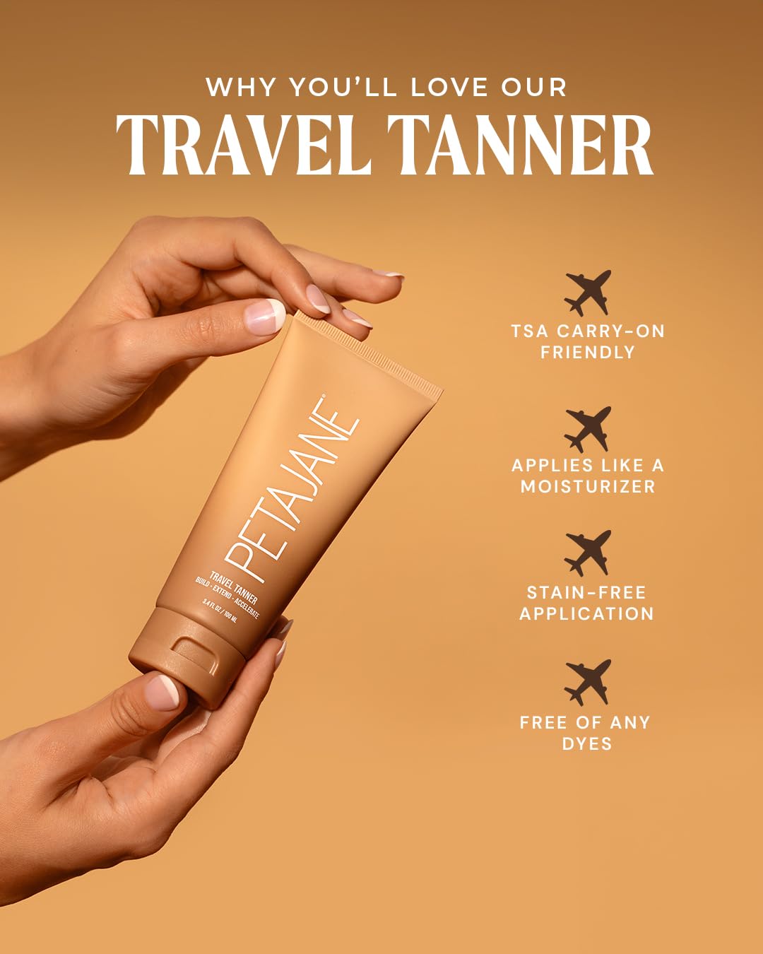 Peta Jane Travel Tanner, Self-Tan Lotion | Natural Sunless Tanning Lotion, Lightweight & Streak-Free Finish, Not Sticky, Lengthens Tan, 3.4oz - Best Self-Tanning Lotion for Flawless Glow