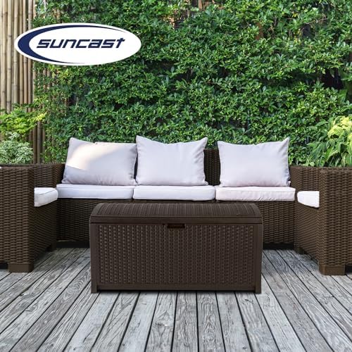 Suncast 73-Gallon Medium Deck Box - Lightweight Resin Indoor/Outdoor Storage Container and Seat for Patio Cushions and Gardening Tools - Store Items on Garage, Yard - Mocha Brown