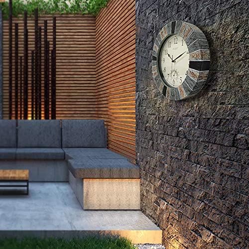 OCEST 13 Inch Large Outdoor Indoor Clock, Waterproof Wall Clock with Thermometer, Weather-Resistant Non-Ticking Battery Operated Decor for Patio, Pool, Lanai, Fence, Porch, Garden(Brown)