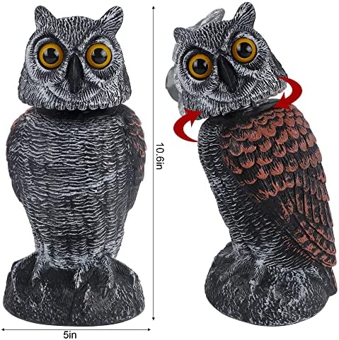 Hausse 2 Pack Fake Owl Decoys to Scare Birds Away, Rotating Head Plastic Owl Bird Deterrents, 10.6 Inch Height Bird Scarecrow Nature Enemy Horned Pest Repellent for Outdoor Garden Yard