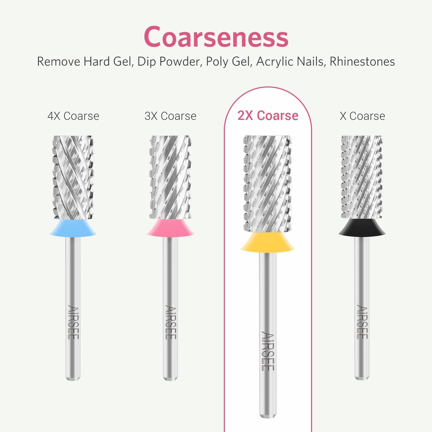 AIRSEE Tungsten Carbide Acrylic Nail Drill Bit Efile Electric File Machine Head Tip for Manicure Polishing Art Remove Gel 3/32" 2 Way Professional Tech Flat Top Cylinder Barrel 2X Coarse-2XC