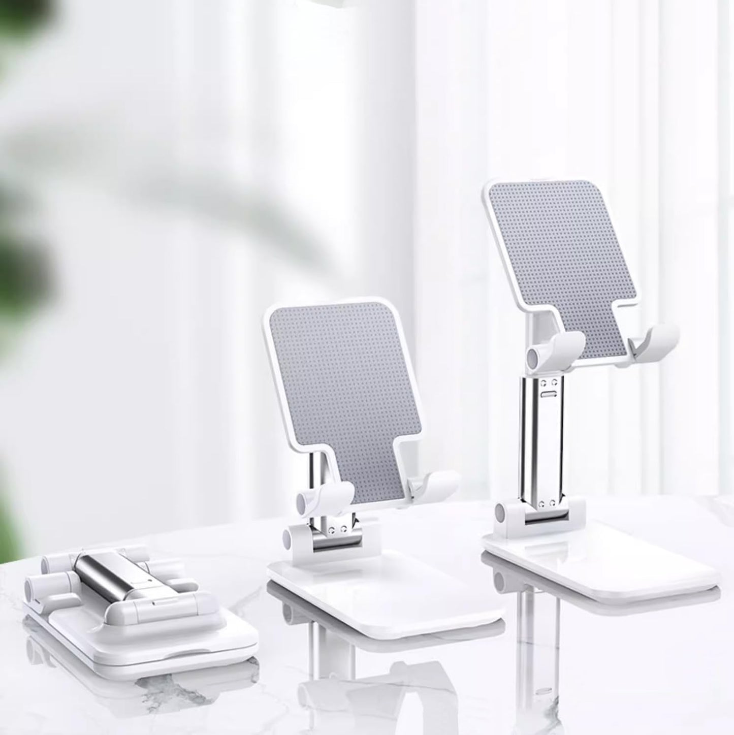 Adjustable Phone and Tablet Stand with Silicon Pad, Portable Foldable Design, Cell Phone Stand for Desk Fully Forldable Mobile Phone Holder Compatible with All Mobile Phones (White)