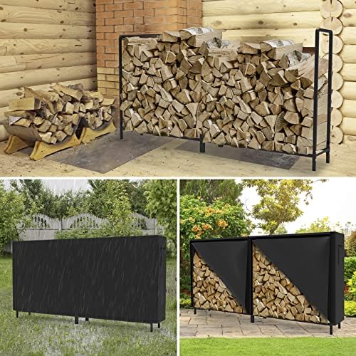 8ft Firewood Rack with Cover, Heavy Duty Firewood Rack With Weather Resistant 600D Oxford Fabric Cover, Indoor/Outdoor Wood Rack for Firewood