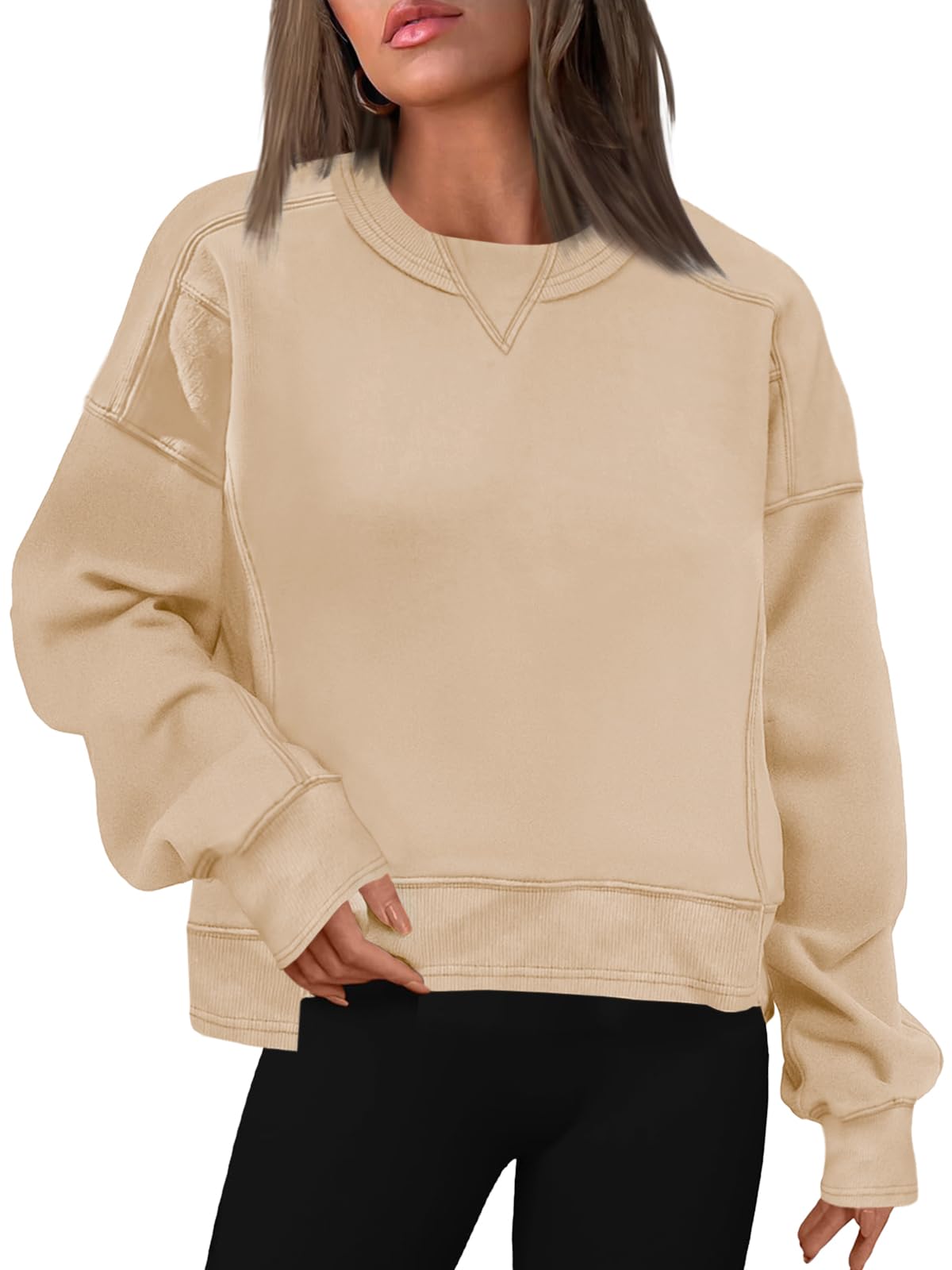 SENSERISE Womens Cropped Crewneck Sweatshirts Oversized Sweatshirt Fleece Pullover Crop Top Winter Fall Outfits (Apricot Beige,L)