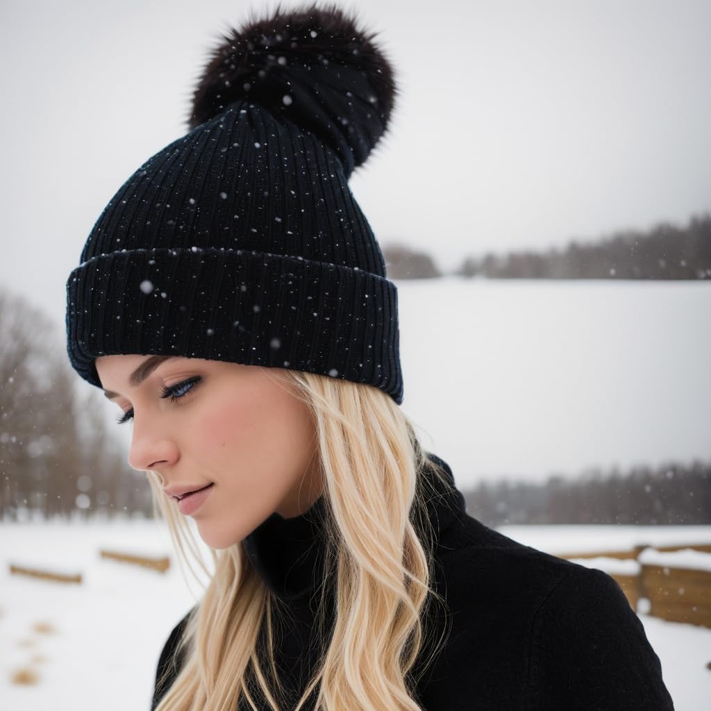 PHILIGHTS 2PCS Womens Beanie with Faux Fur Pom Pom, Wool & Satin Lined Winter hat,Warm Knit Ski Hats Cuffed Skull Cap
