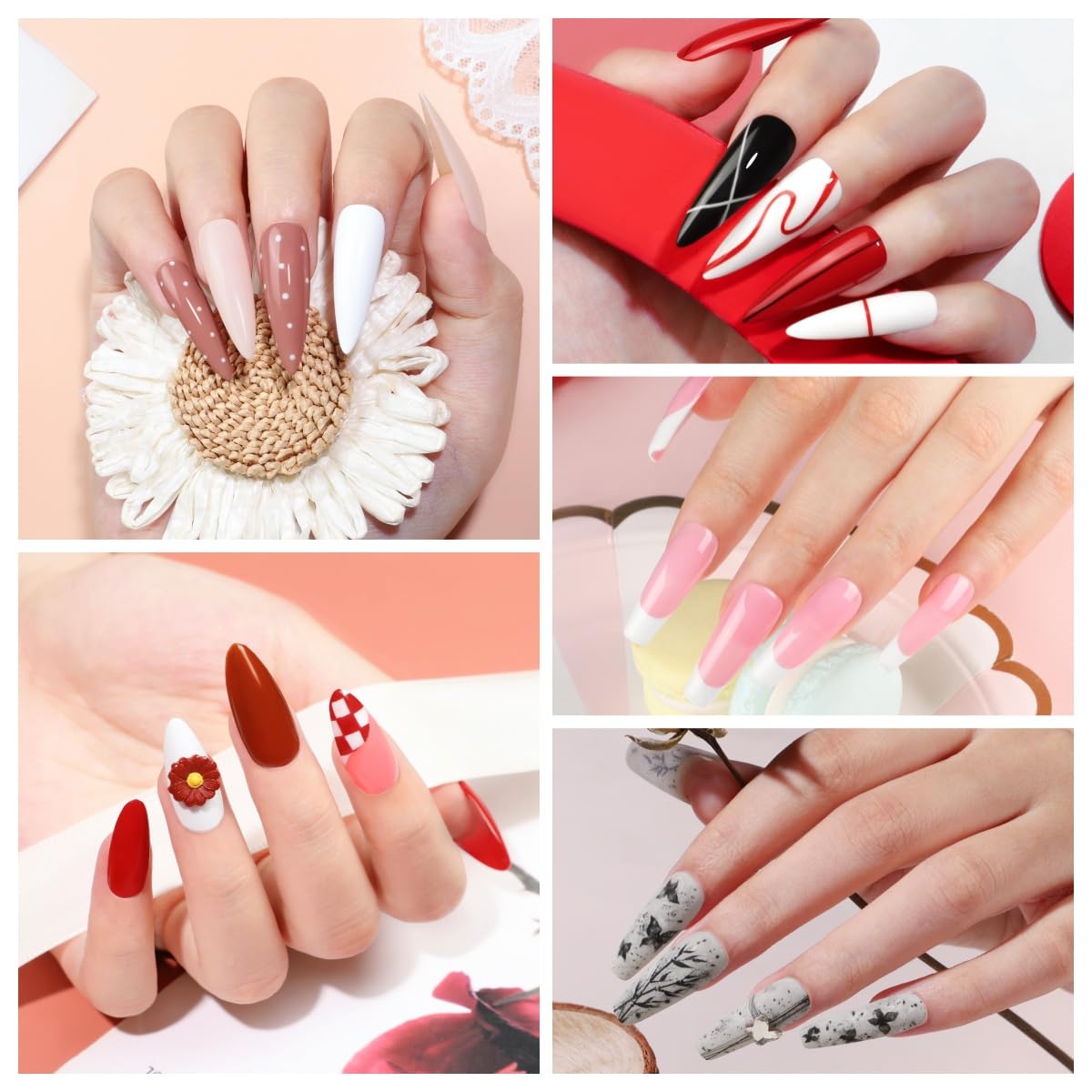 Gel Nail Polish Kit with U V Light 5 Colors Pink Red Nude Black White Gel Polish Kit Base Top Coat Nail Tips Nail Art Stickers Manicure Starter Kit Gifts for Women Salon DIY