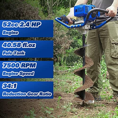 BILT HARD Post Hole Digger Gas Powered, 52cc 2.4 HP 2 Stroke Engine Earth Auger with 8" Drill Bit, EPA Compliant Post Hole Auger