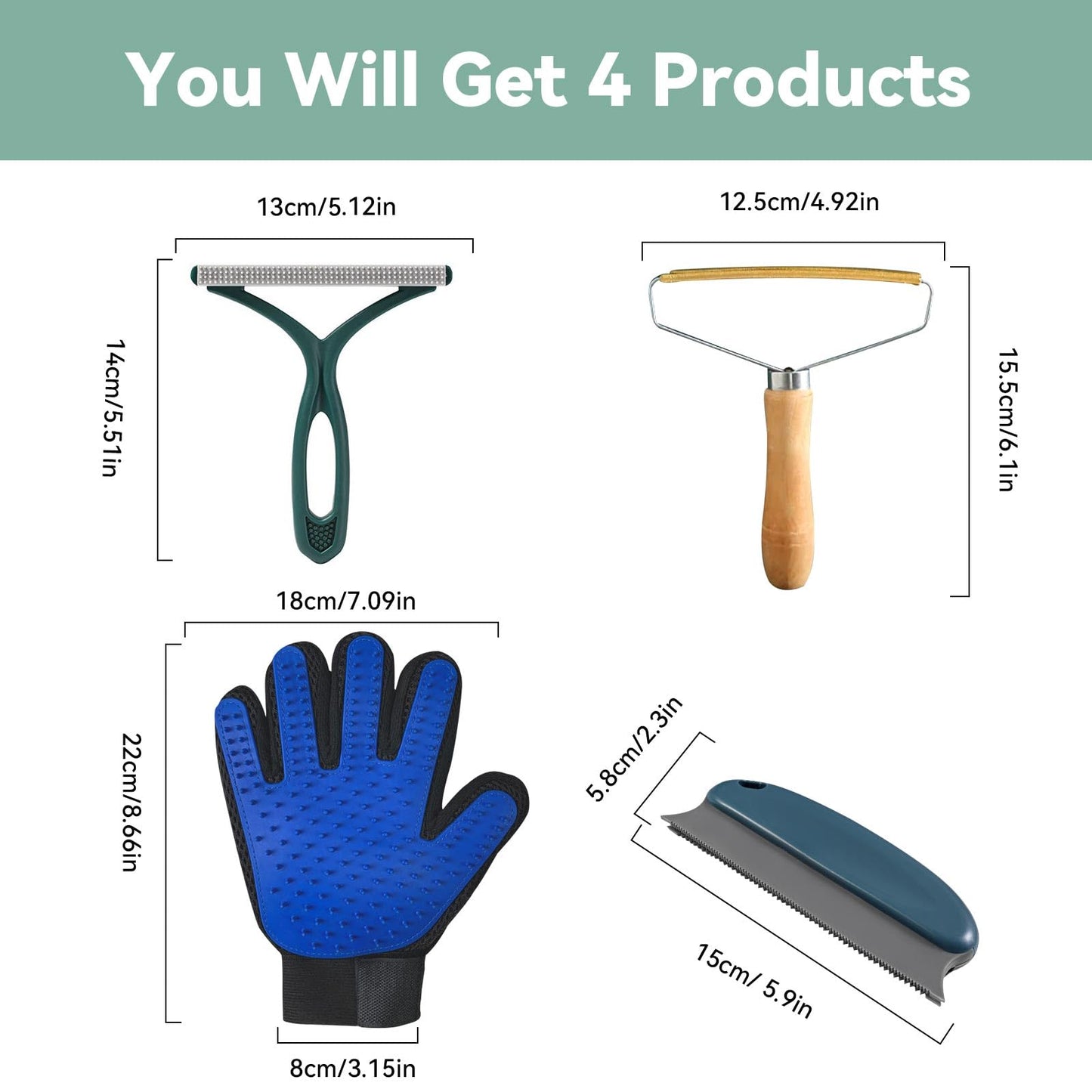 Pet Hair Remover Tool 4-Pack, Dog Cat Hair Remover with 1PCS Pet Grooming Glove, Lint Shaver Cleaner Pro, Portable Carpet Scraper for Carpets, Clothes, Car Mats, Couch, Pet Bed, Furniture