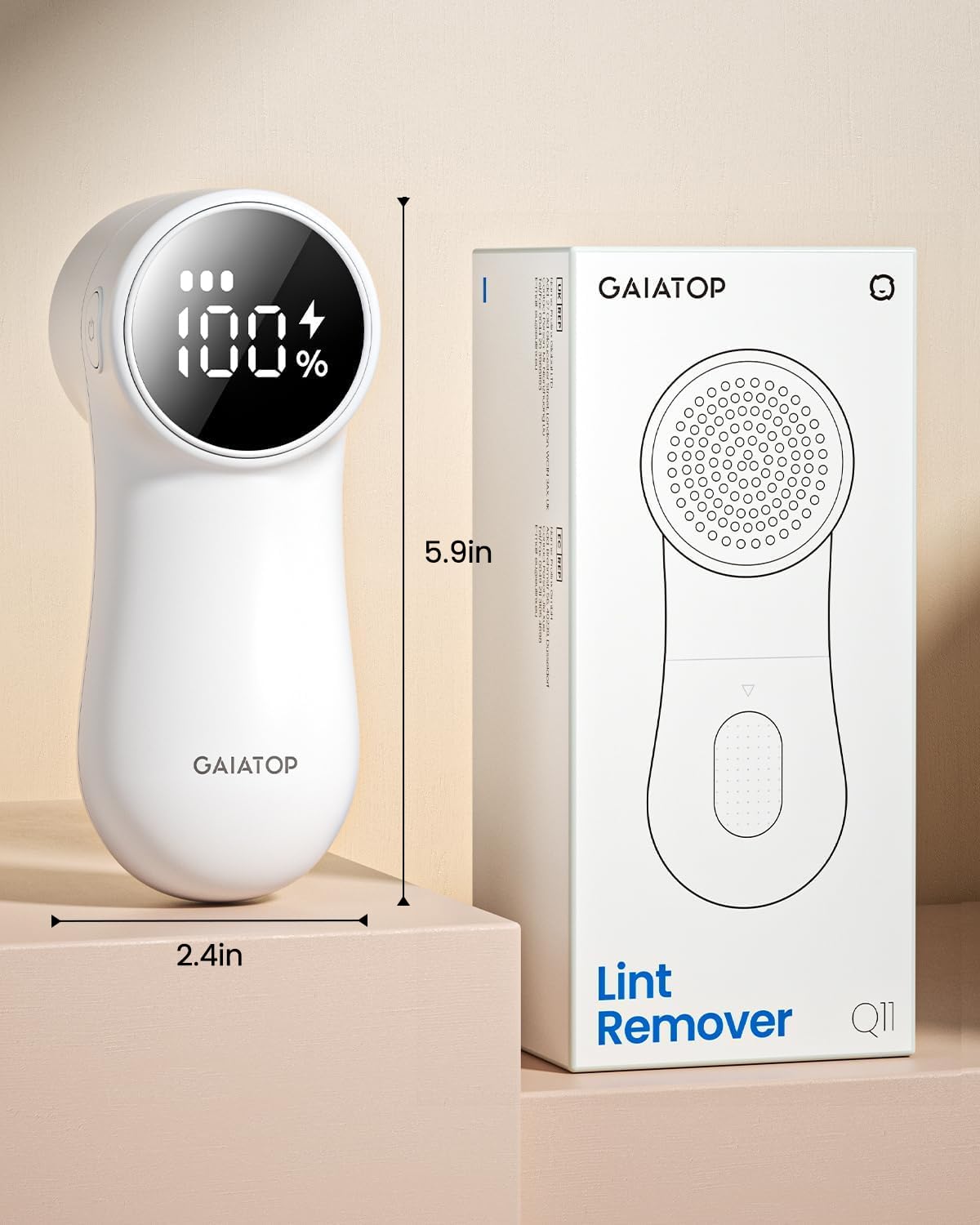 GAIATOP Fabric Shaver Rechargeable Lint Remover 3 Speeds Sweater Defuzzer, Cute Digital Screen Large Storage 6-Leaf Blades, Fuzz Pills Bobbles Trimmer for Clothes Furniture Bedclothes White 1 pcs