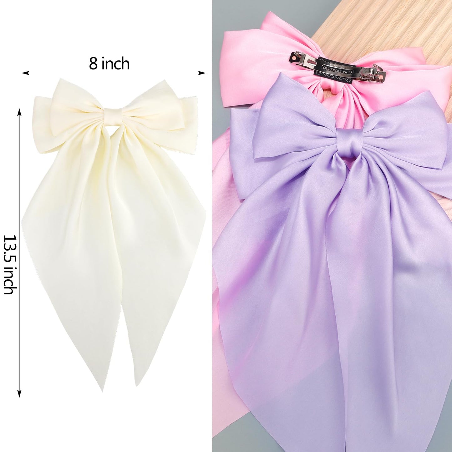 Velscrun Hair Bows for Women Girls 3Pcs White Pink Purple Silky Satin Large Bows Hair Clip Oversized Hair Ribbons Long Tail Big Bows Hair Accessories