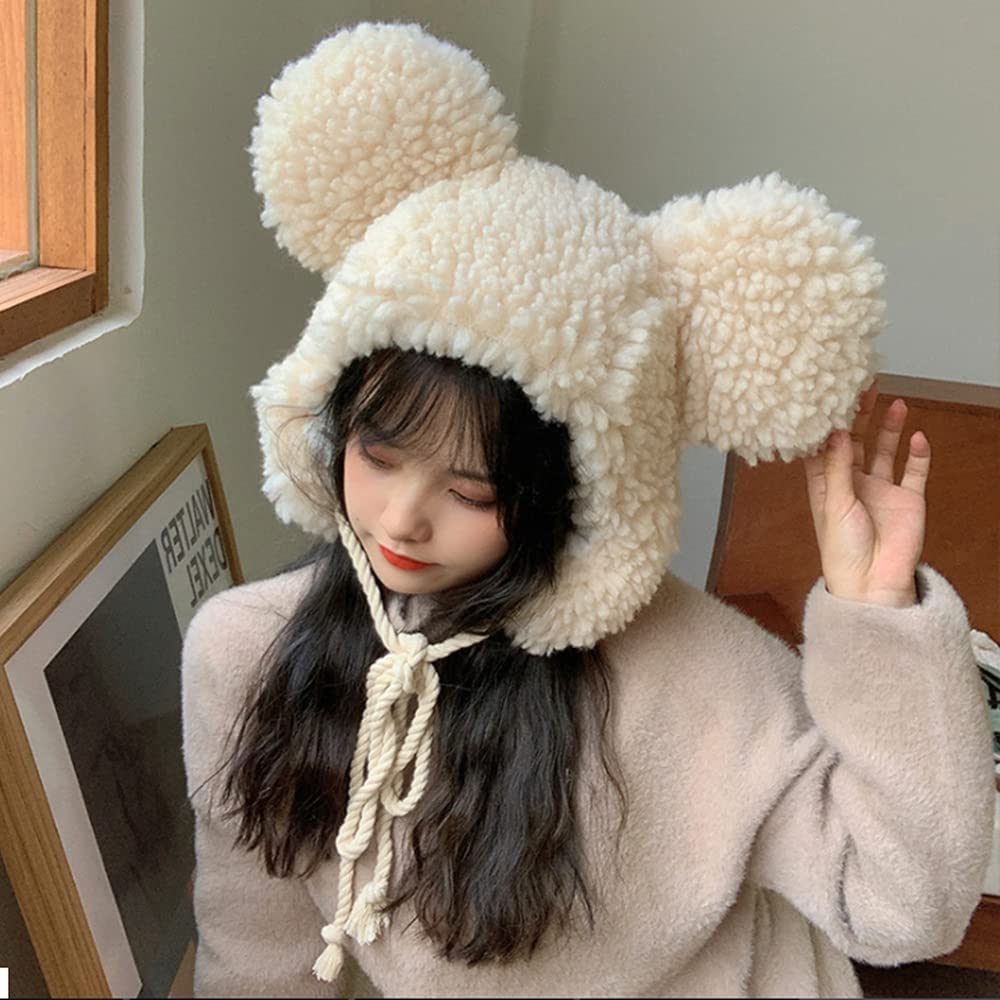 Cute Plush Faux Fur Animal Critter Hat Cap with Ear Flaps Fuzzy Bear Hat Soft Warm Winter Hat Beanie for Adults Women Girls Beige