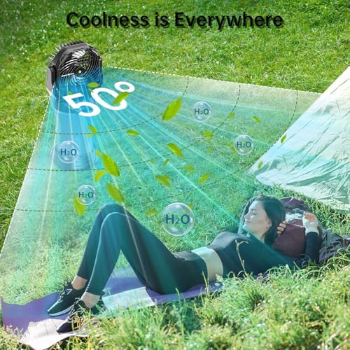 30000 mAh Portable Misting Fan with RGB Ambient Light, 2000 mL Water Tank Bucket Rechargeable Camping Mist Fan with 120° Auto Oscillating Perfect for Patios Fishing Travel Garden Party Golf Tent