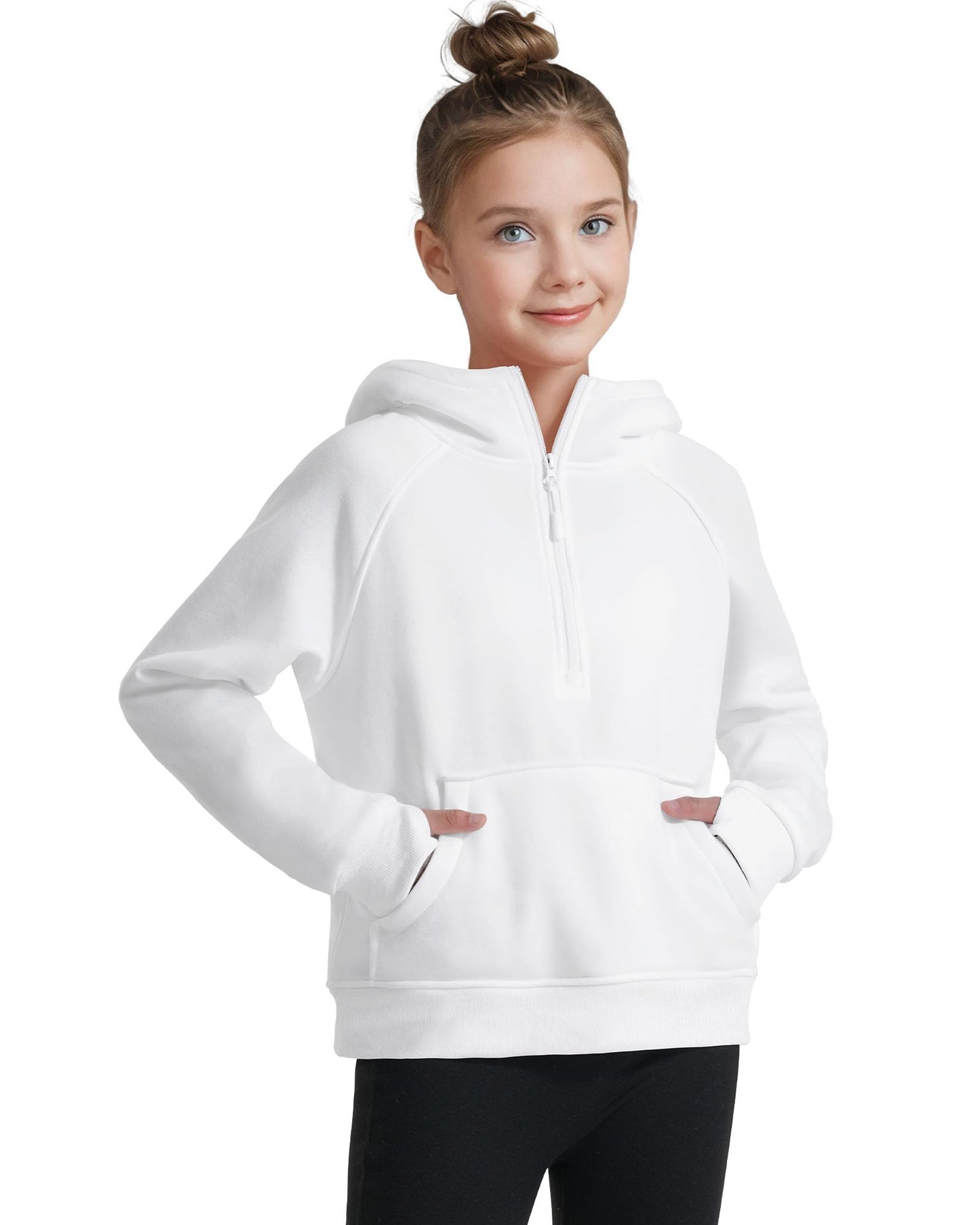 JOCMIC Girls Hoodies Half Zip Cropped Fleece Sweatshirts with Thumb Hole Kids Fall Winter Preppy Clothes White 13-14 Years