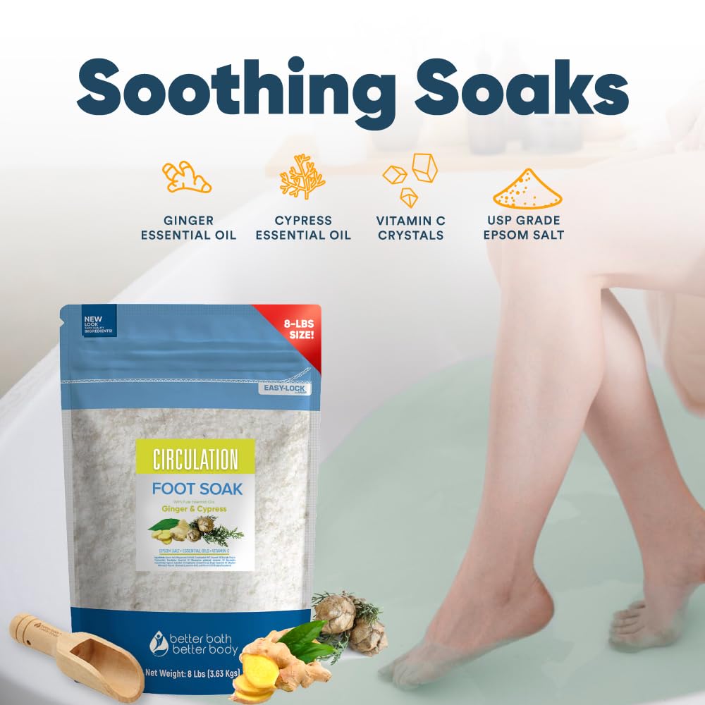 Circulation Foot Soak 128oz (8 Lbs) Epsom Salt Home Spa Soothing Soaks with Natural Ginger and Cypress Essential Oils Plus Vitamin C in BPA Free Pouch with Easy Press Lock Seal Made in USA