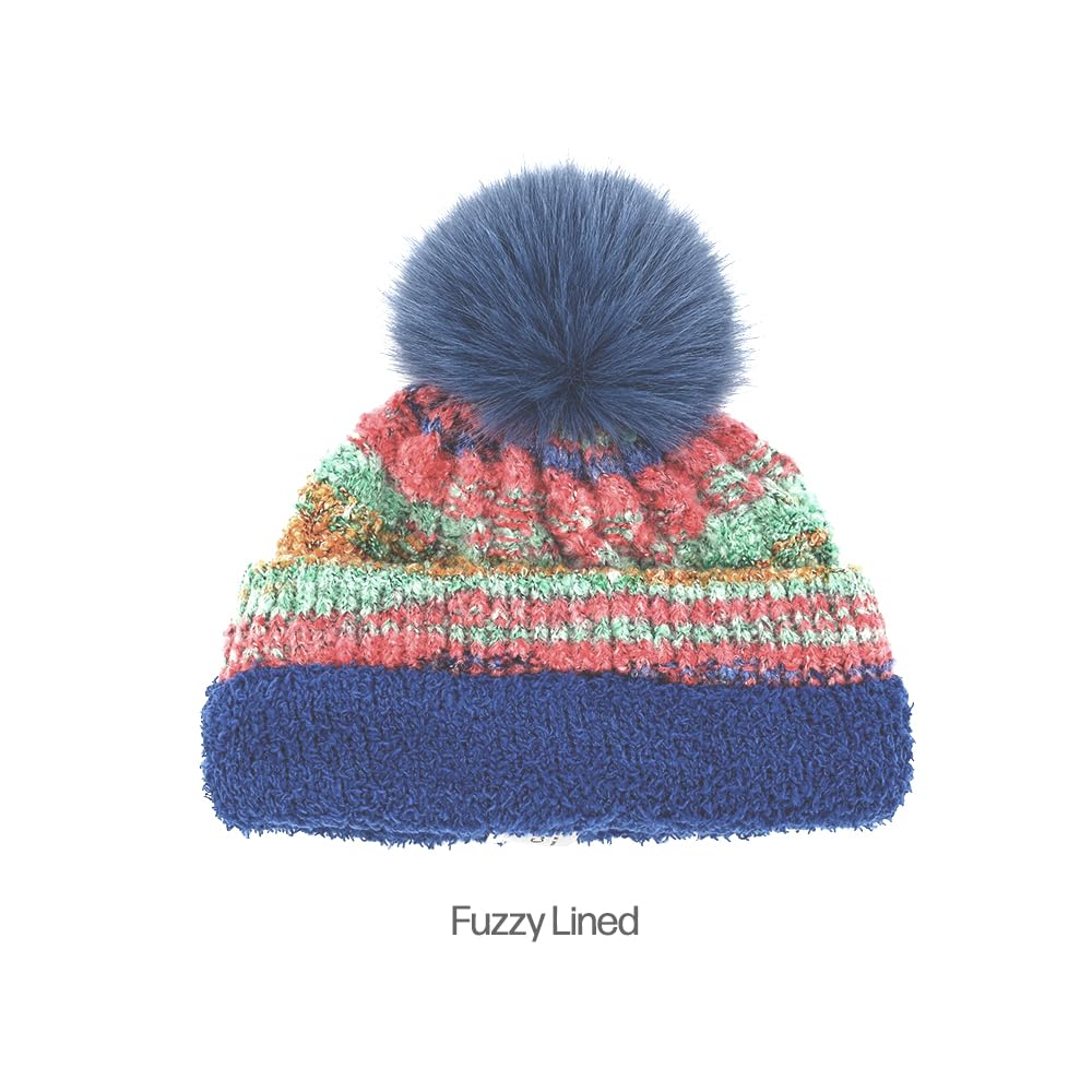 C.C Multi Color Space Dye Pom Beanie/Lining (Poly) / Pom Faux Fur for Women Unisex - Wool Stretchable Soft Warm with Faux Fur Pom Knit Winter Skully Hat (Red Combo)