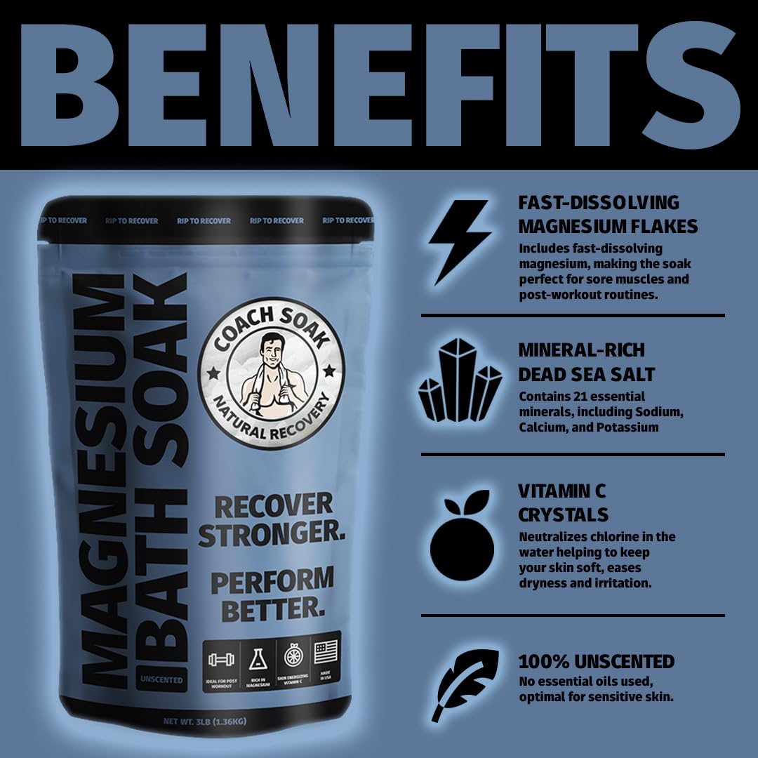 Coach Soak Recovery Bath Soak - Faster Absorption Than Epsom Salt for Pain - Rejuvenating Magnesium Flakes with 21 Minerals, Essential Oils & Bath Salts, 3lbs (Unscented)