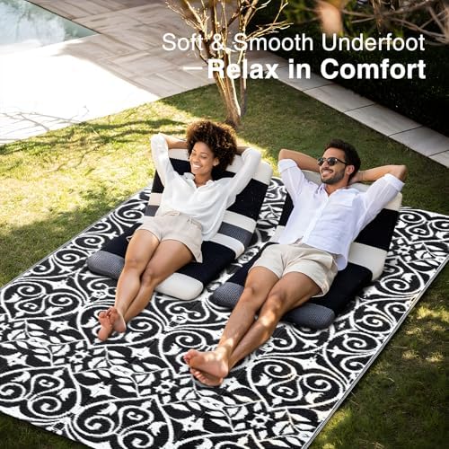 OLANLY Outdoor Rug Waterproof 5x8 ft Clearance, Reversible Outdoor Plastic Straw Rug with Floral Pattern, RV Mat for Patio, Camping, Balcony, Deck, Backyard, Black & White