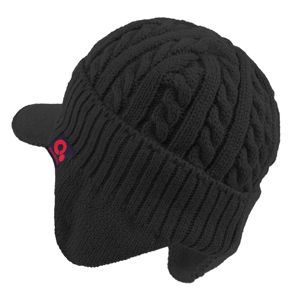 Women's Winter Cable Knitted Visor Beanie Fleece Lining Ear Flap Baseball Cap Hunting Trapper Hat with Billed (Black), One Size-Medium