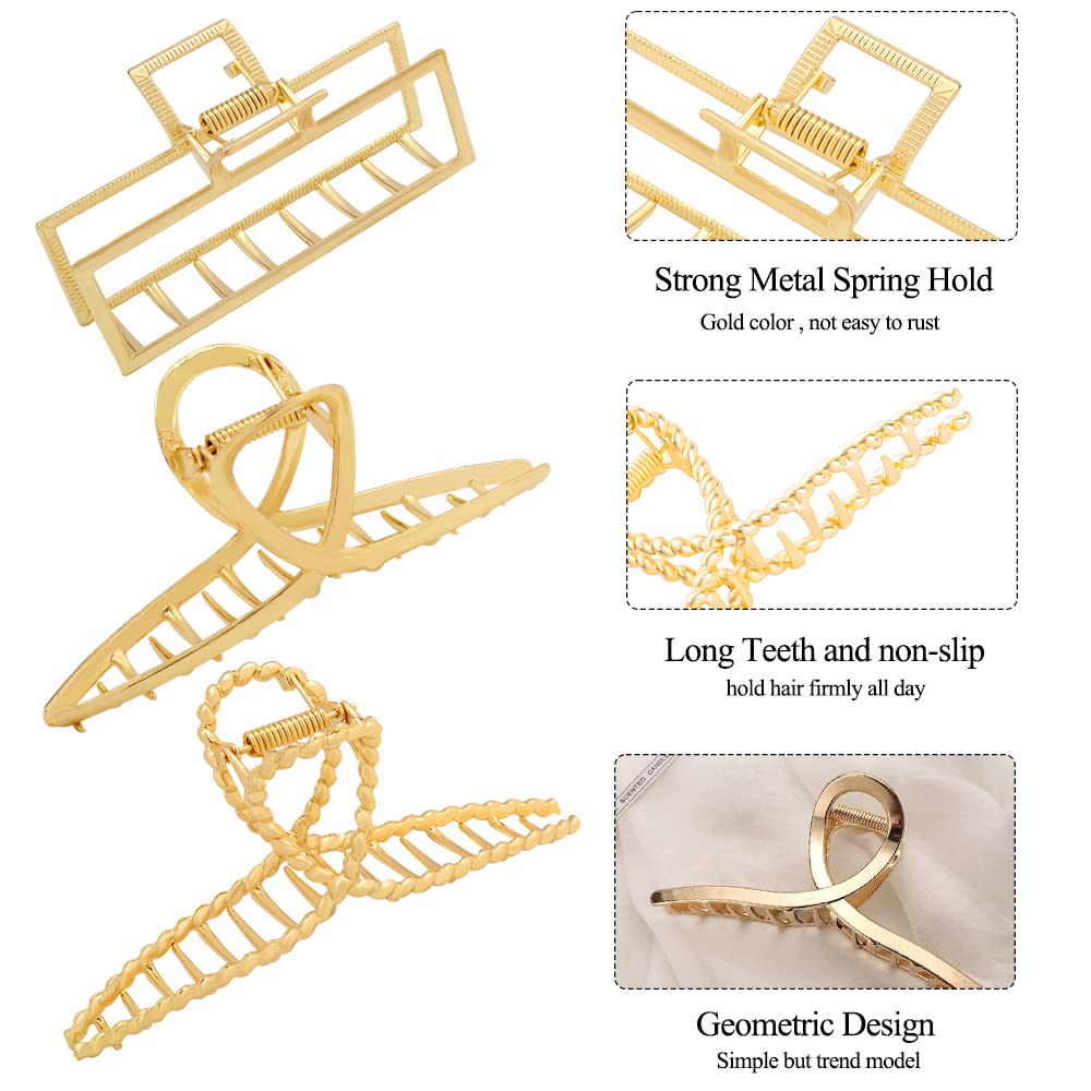 3pcs Metal Gold Large Hair Claw Clips for Women, Geometric Cross Square Jumbo Catch Barrette Clamps Clips for Thick Thin Hair, Fashion Aesthetics Hair Accessories Hairgrip Gifts