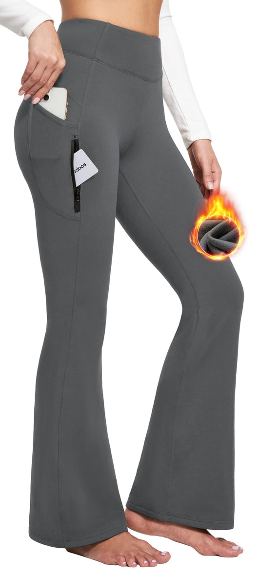 Ewedoos Fleece Lined Yoga Pants with Pockets Water Resistant Hiking Pants Women High Waist Flare Leggings Winter Warm Pants Grey