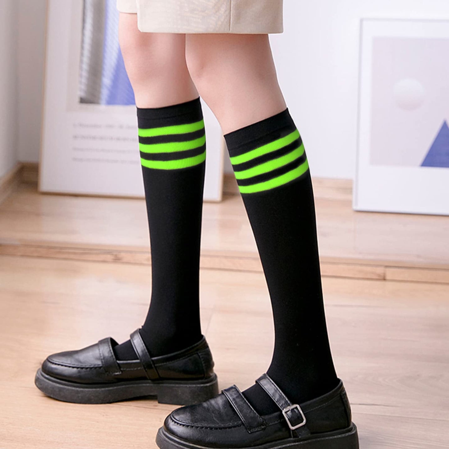 Women's 4 Pairs Knee High Casual Solid Knit Socks, Black Stripe(4 Pairs)