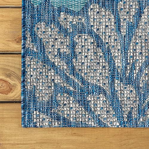 JONATHAN Y SMB110C-5 Zinnia Modern Floral Textured Weave Indoor Outdoor Area-Rug Bohemian Coastal Easy-Cleaning Bedroom Kitchen Backyard Patio Non Shedding, 5 X 8, Navy/Aqua