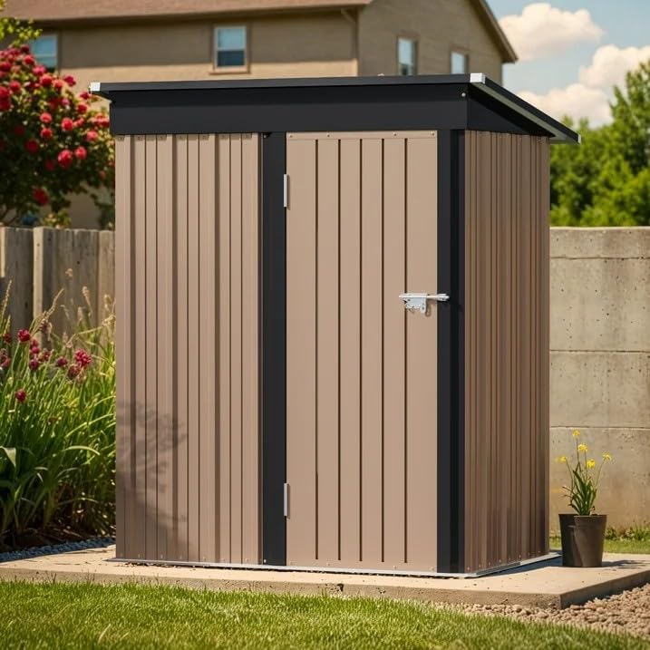 Greesum 5×3 FT Outdoor Storage Shed, Metal Storaged Sheds Without Floor, Tool Sheds with Lockable Doors and Sloping Roof for Garden, Patio, Backyard, Brown