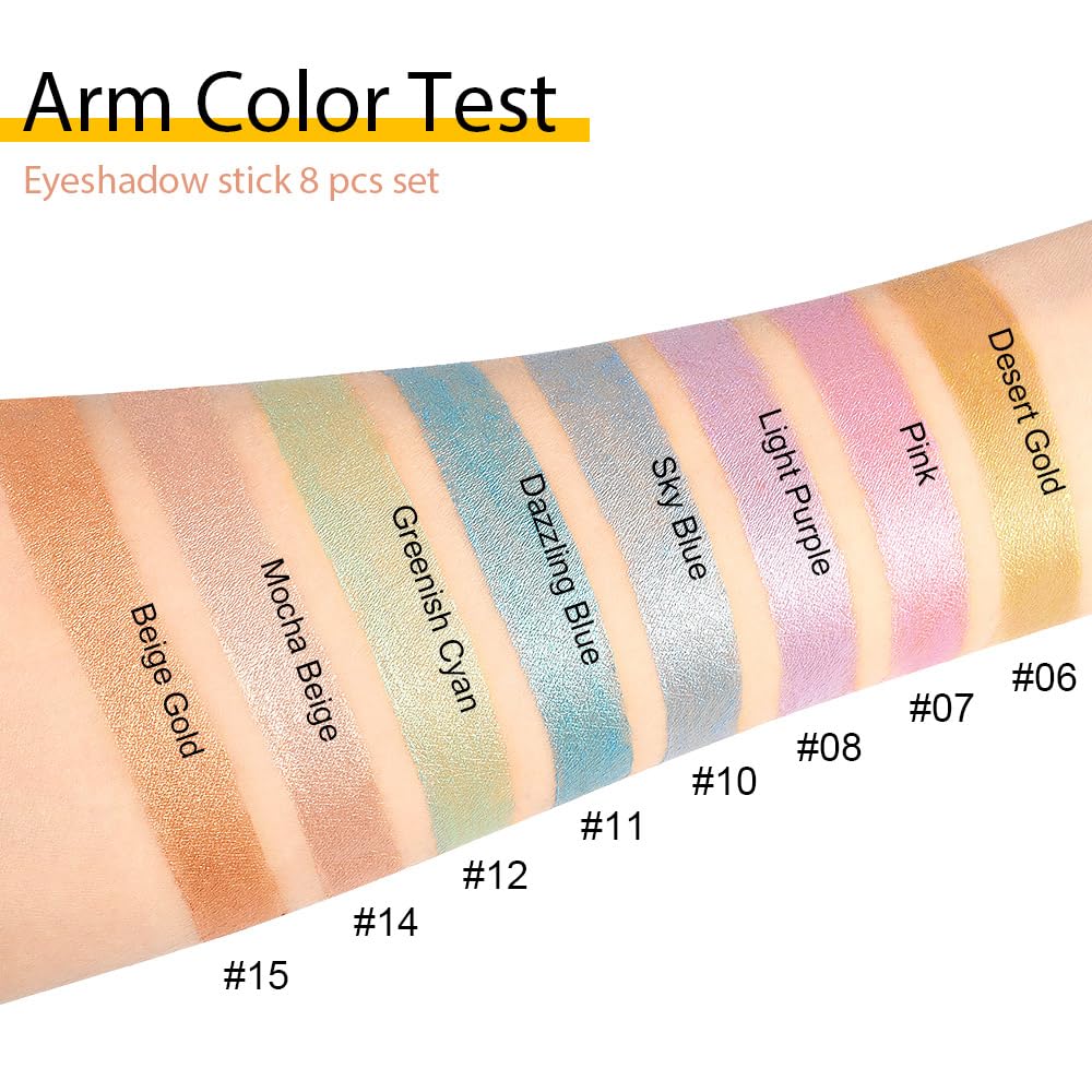 Kaely 8Pcs Cream Eyeshadow Stick Set for Eyes,Desert Mocha Beige Gold Light Purple Pink Sky Dazzling Blue Geen,Halloween Makeup,Shimmer Waterproof Eye Shadow Pencil Pen Crayon,sombras para ojos 02