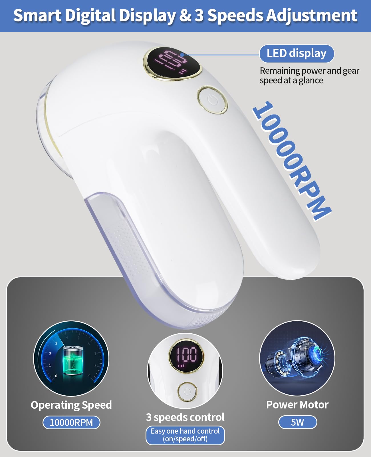 EiLVEEY Fabric Shaver, Electric Lint Remover Rechargeable with LED Display, 6-Leaves Blades, 3-Speeds Adjustment, Sweater Shaver to Remove Fuzz, Lint, Pills for Clothes and Furniture, White