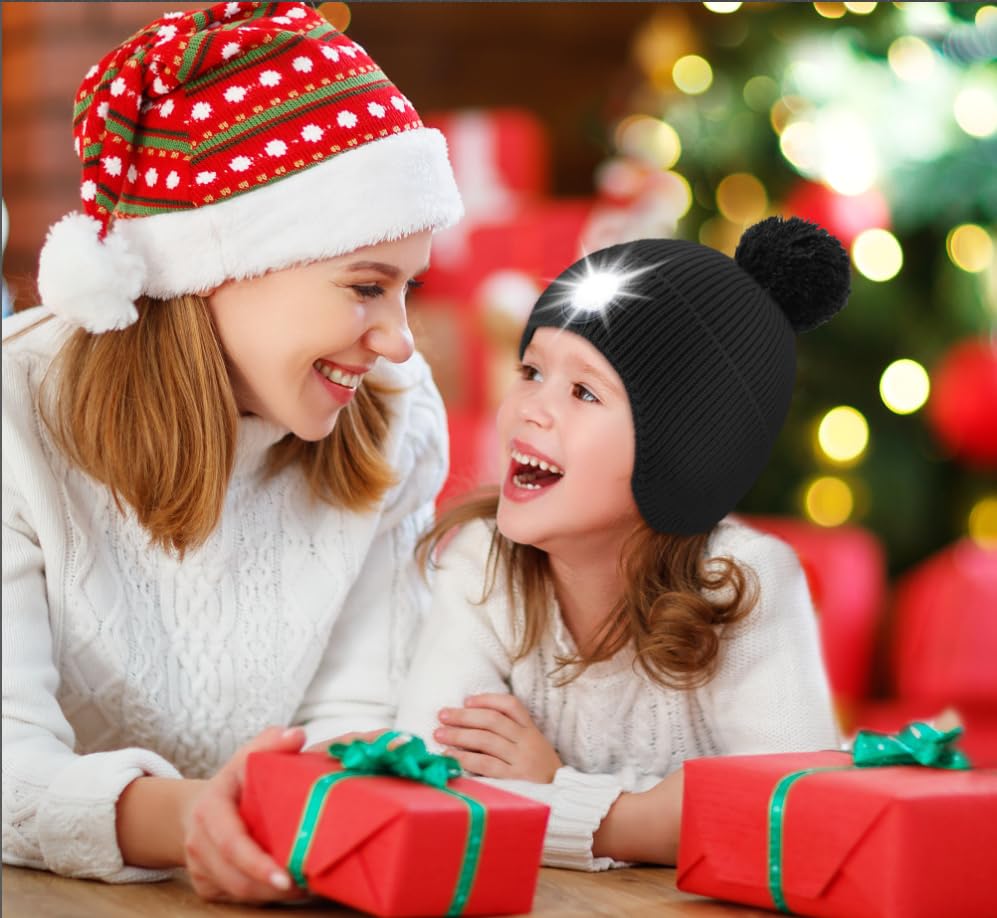 TOUCH TWO Beanie Hat with Light & Ear Flaps, USB Rechargeable LED Headlamp Cap-Winter Hat Birthday Tech Gifts for Boys Girls