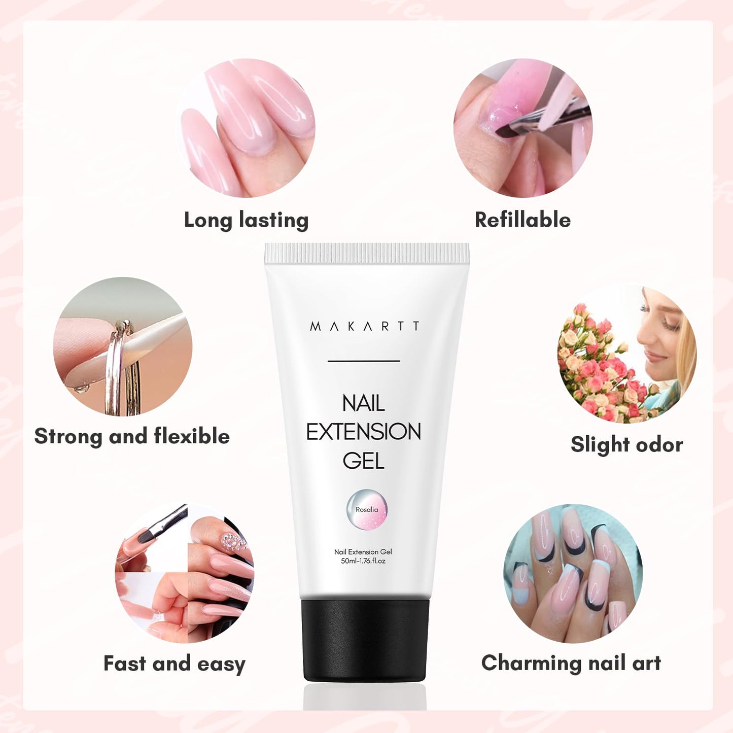 Makartt Poly Nail Gel: 50ML Glitter Pink, Strong Builder for Extension Overlay Strengthener 3D Diy, Multifunctional, Long-lasting for Nails Manicures Home Salon-Rosalia