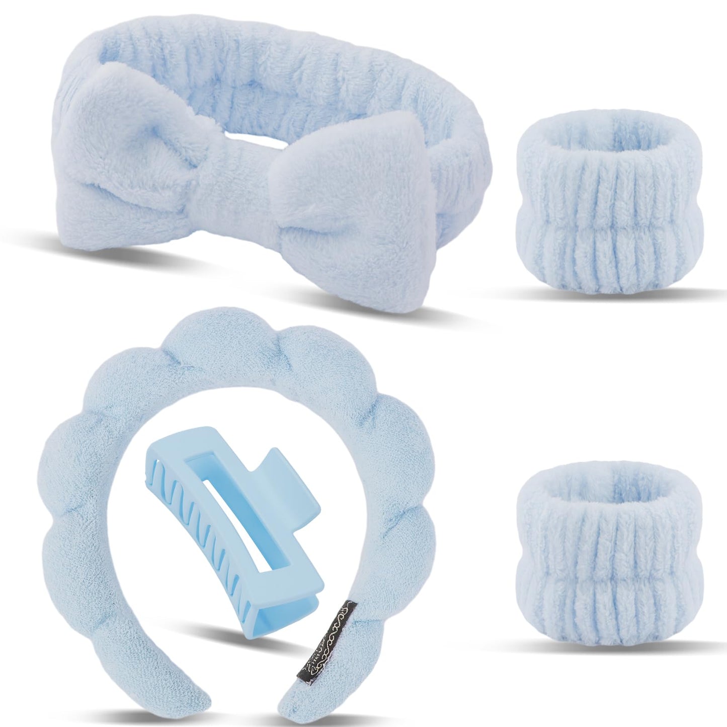 Canitor Spa Headband Wrist Bands Set with Hair Clips Skincare Headband for Washing Face Skin Care Puffy Makeup Headband Preppy Teen Girl Gifts Cute Trendy Stuff Hair Accessories for Women (blue)