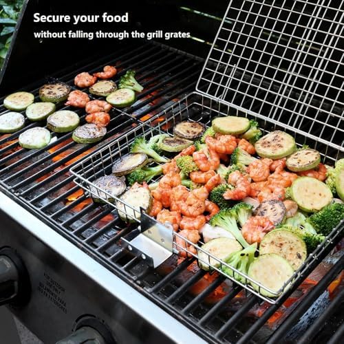 Grill Basket - Grill Baskets for Outdoor Grill, Stainless Steel Large Grilling Basket w Removable Handle, Portable Fish Grilling Rack for Grill Ideal Meat Fish Vegetables Grilling Accessories