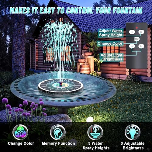 Remote Control Solar Fountain, 2025 Upgrade 6W Solar Bird Bath Fountain with 4000mAh Battery, Solar Powered Hummingbird Water Fountain Pump with Colorful LED Lights, 7 Nozzles for Garden Decor