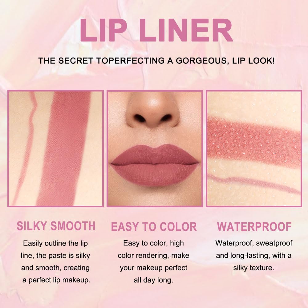 HHLTOH 2-in-1 Antique Rose Lip Liner & Lipstick Set Kit for Women, DNM Matte Lips Kit with Lip Liner Lip Stains Long Lasting Waterproof 24 Hour Lipstick and Lip Liners Combo Lipliners Pencil Set 04