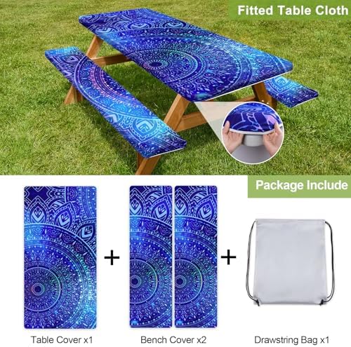 Picnic Table Cover with Bench Covers Camping Essentials Waterproof Windproof Camping Tablecloth with Drawstring Bag, Fitted Rectangle Tables and Seats, 72in, Blue Purple