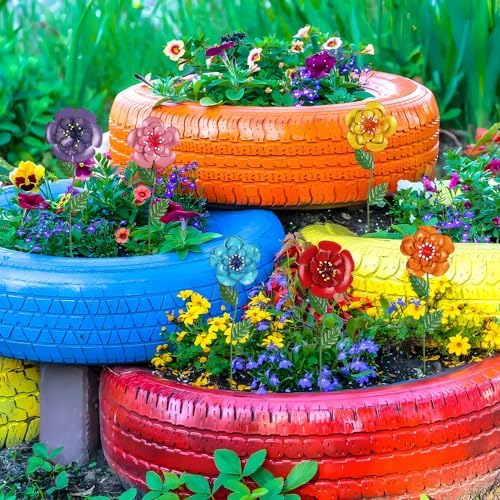 hogardeck Garden Decor for Outside, Set of 6 Metal Flowers Decorative Garden Stakes for Spring Decor, Yard Art Garden Decorations for Outdoor Lawn Porch Pathway Patio (Multi-Color)