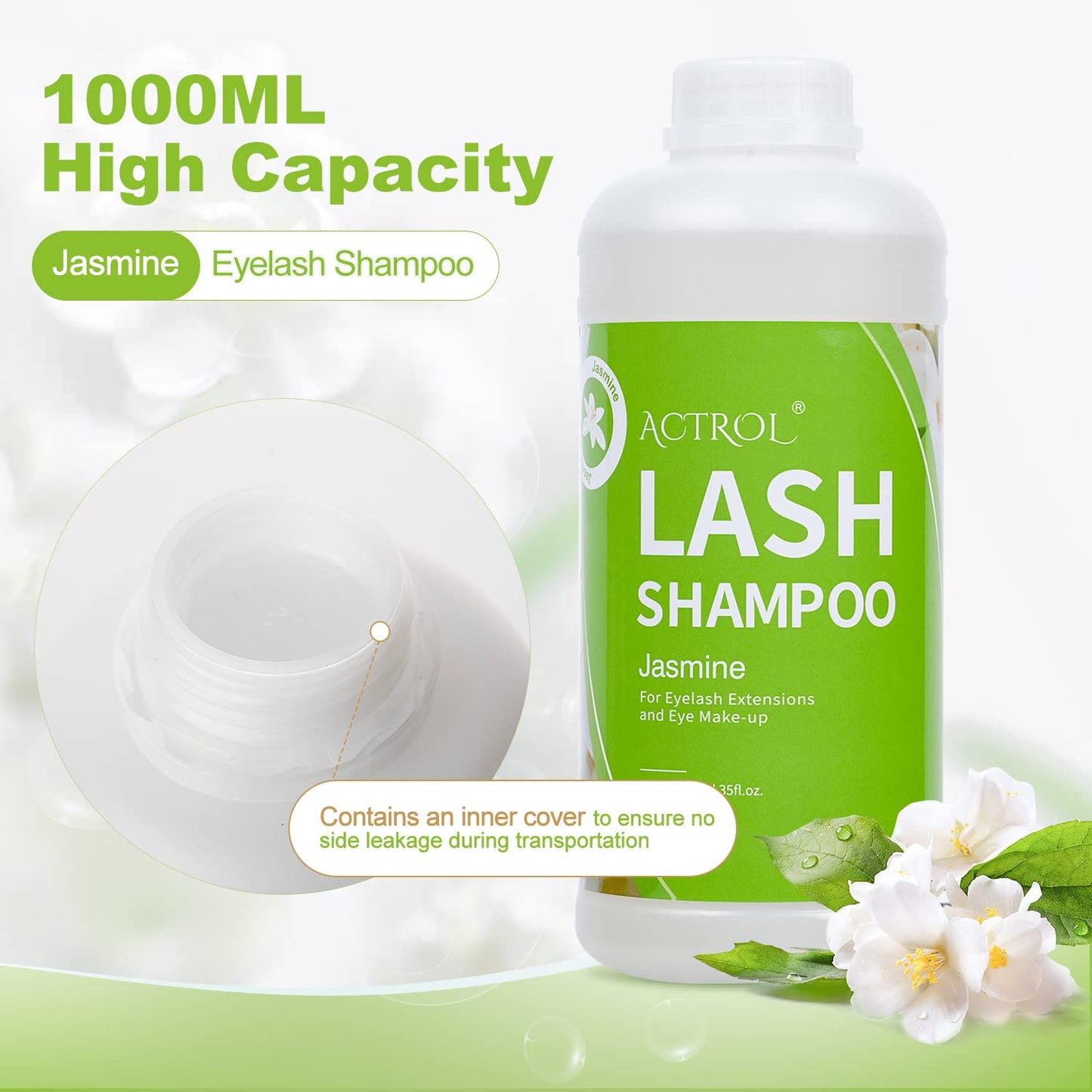 ACTROL Eyelash Extension Cleanser Jasmine 1L Natural Lash Extension Shampoo Professional Eyelid Foaming Cleanser Paraben & Sulfate Free Non-lrritating with Salon and Home Care