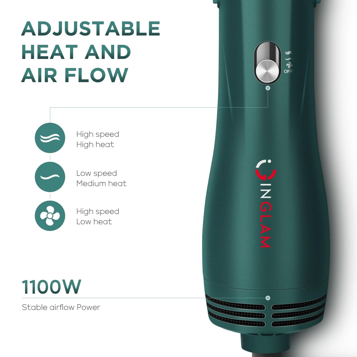 IG INGLAM Hair Dryer Brush, 4-in-1 Detachable Blow Dryer Brush, Ionic Diffuser Hair Dryer & Styler Volumizer with Oval Titanium Barrel, One-Step Hot Air Blowout Brush, Updated Push Switch, Dark Green