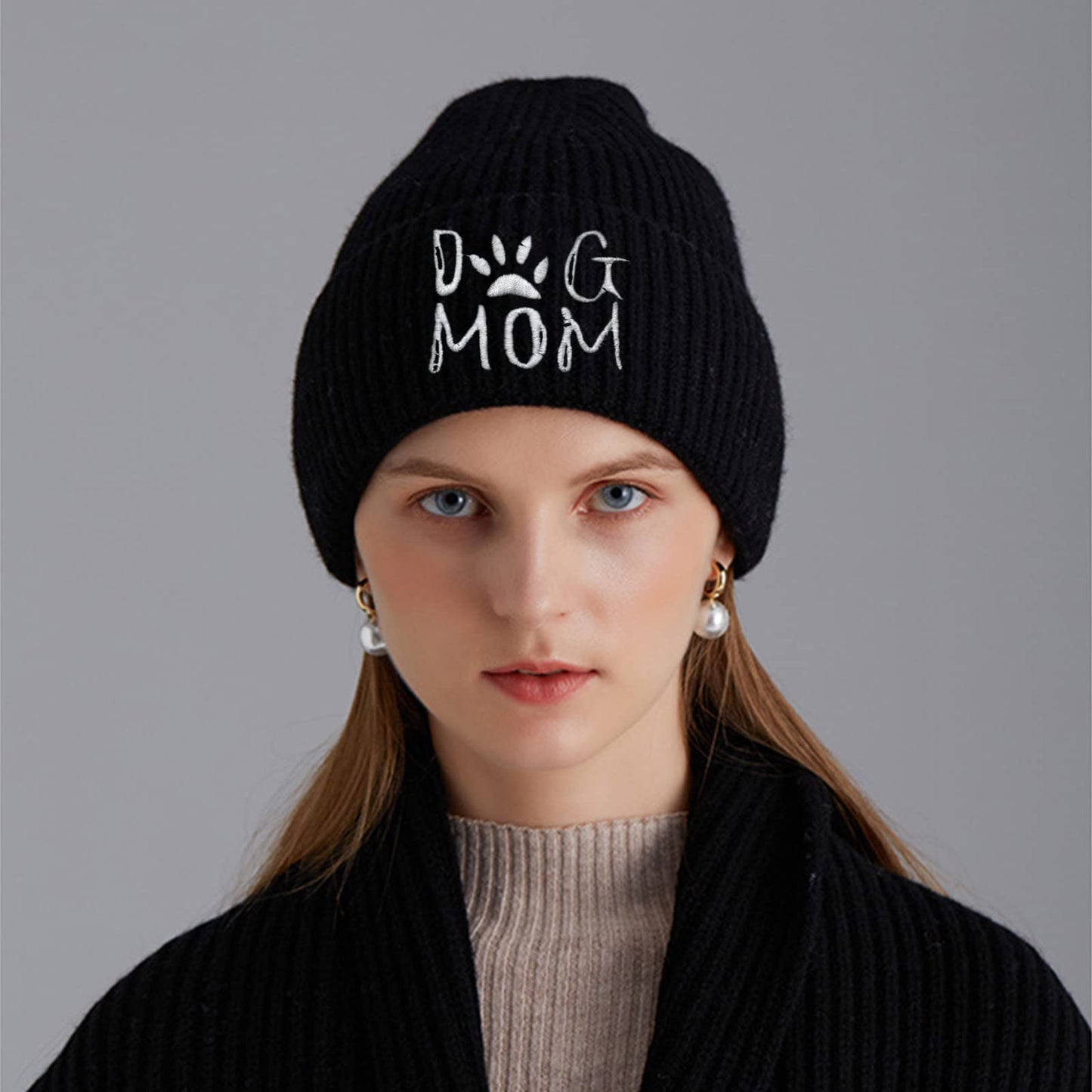Waldeal Women's Cute Dog Mom Beanie Hat Winter Knit Cap Pets Lovers Gift Black