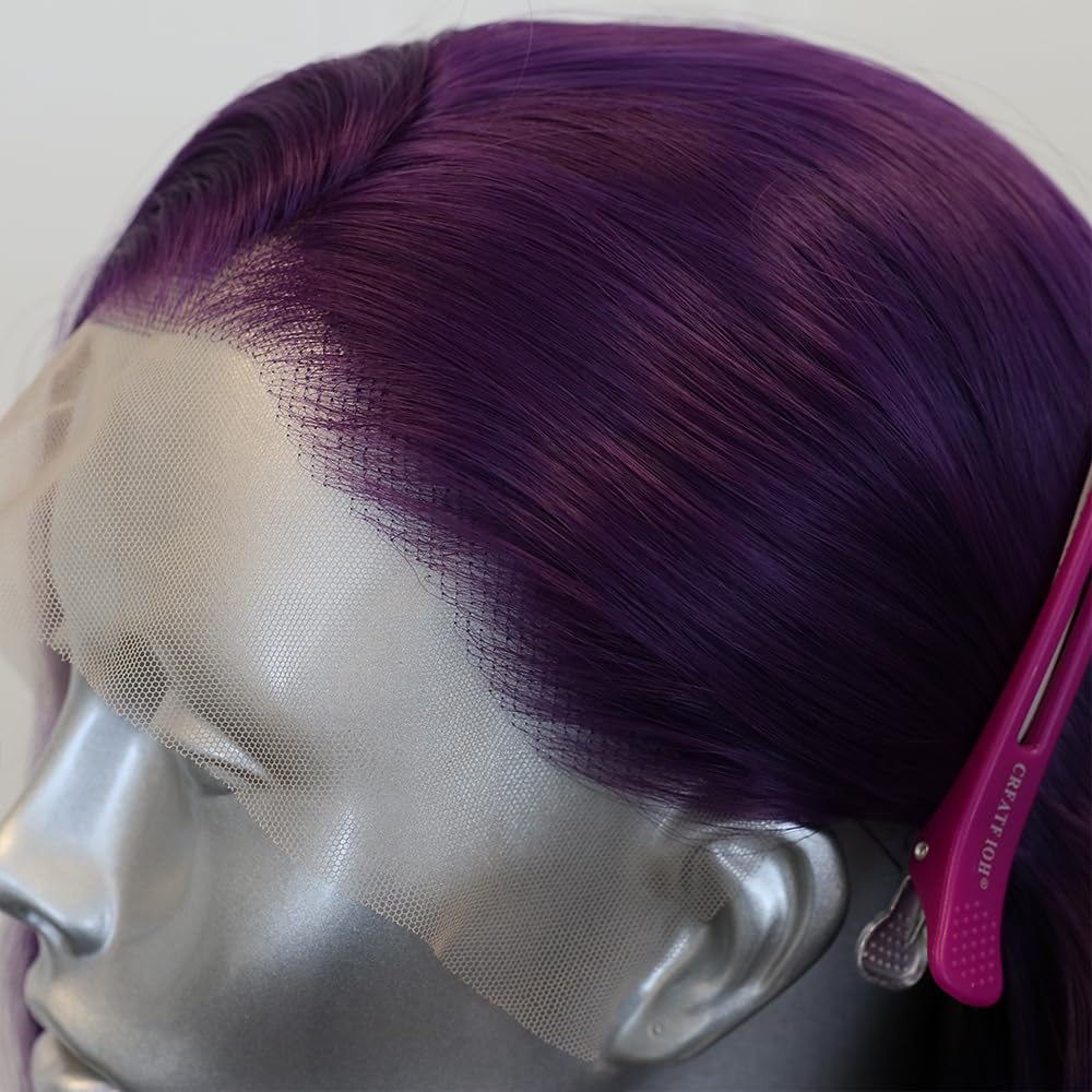 ELESTY Long Wavy Purple Synthetic Lace Front Wigs for Women Free Part Dark Purple Glueless Wig 24 inch Natural Curly Synthetic Wig Heat Resistant Fiber Hair Wigs for Daily Party Use