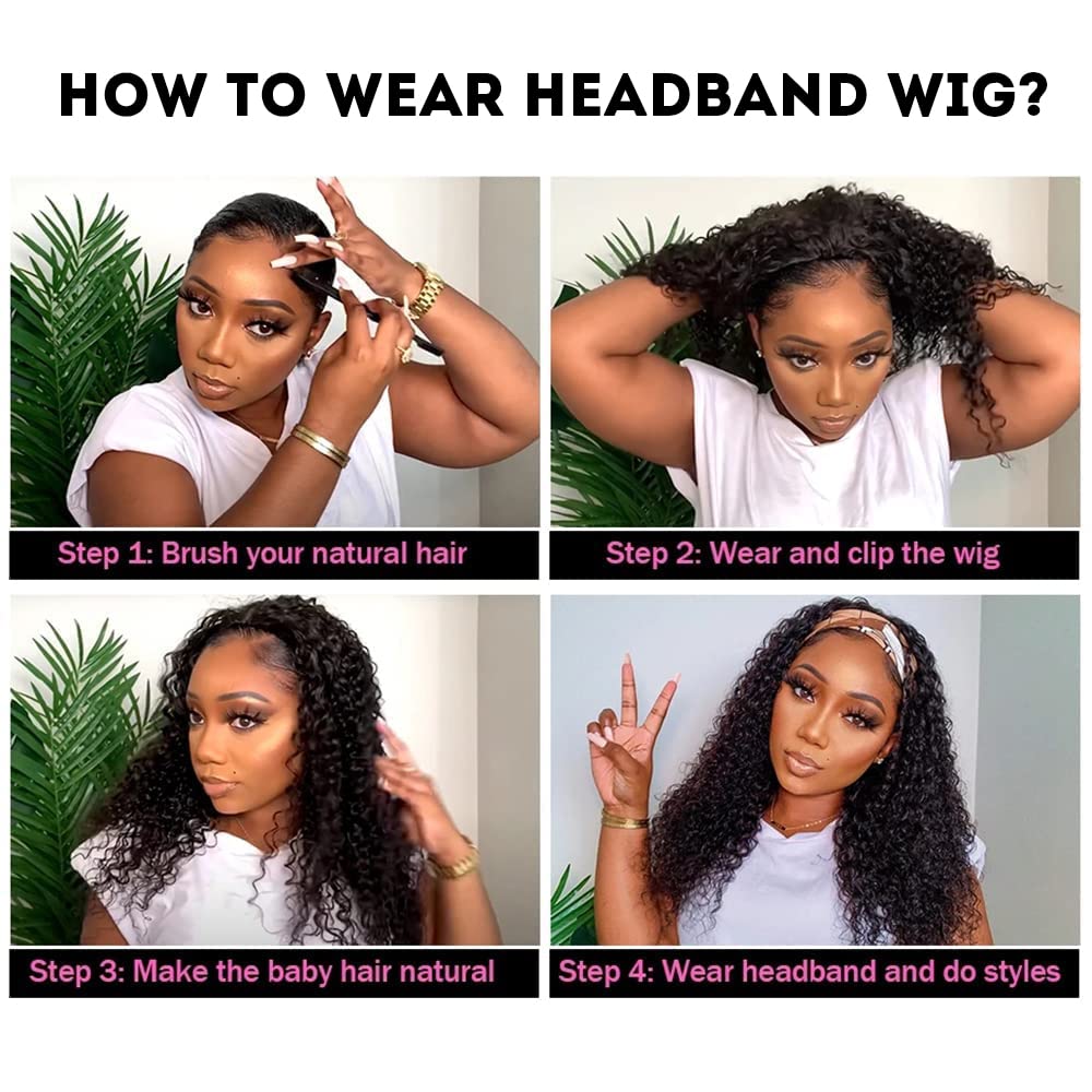 Celiarita Red Burgundy Headband Wigs Human Hair Deep Wave 16 Inch None Lace Front Wigs Curly Human Hair Headband Wig Glueless Machine Made Deep Wave #99J Headband Wig for Black Women 150% Density…