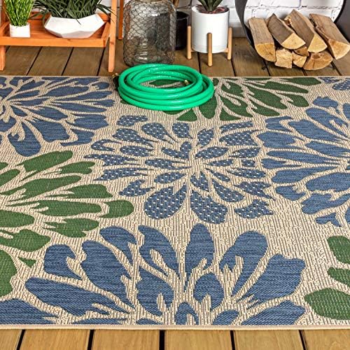 JONATHAN Y SMB110B-5 Zinnia Modern Floral Textured Weave Indoor Outdoor Area-Rug Bohemian Coastal Easy-Cleaning Bedroom Kitchen Backyard Patio Non Shedding, 5 X 8, Navy/Green