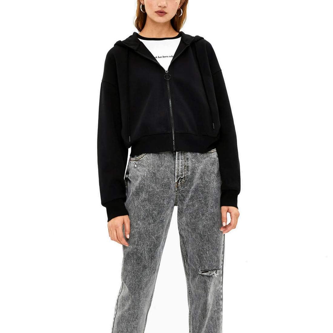 Germinate Huang Cropped Zip Up Hoodie Women Zipper Aesthetic White Black Crop Short Sweatshirt Jacket Teen Girls Oversized (US, Alpha, Large, Regular, Regular, Black)