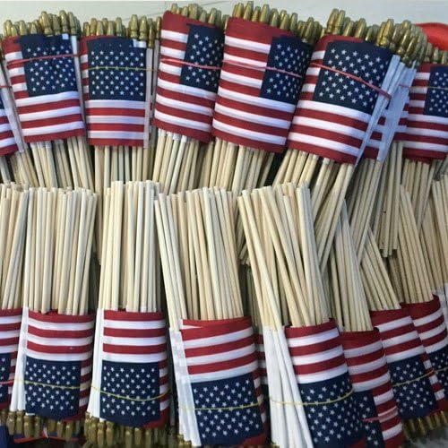 Crystal Lemon 50-Pack Small US American Handheld Flags – 4x6 Inch Stick Flags with Golden Spear Tip on 11” Wooden Staff – 100% Polyester, Reusable for Patriotic Events
