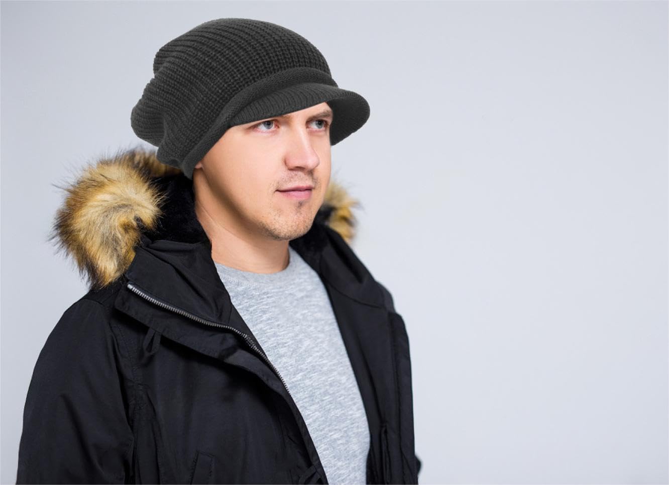 Winter Visor Beanie Men and Women Cold Weather Thick Fleece Knitted Hat with Bill(B326-Black)
