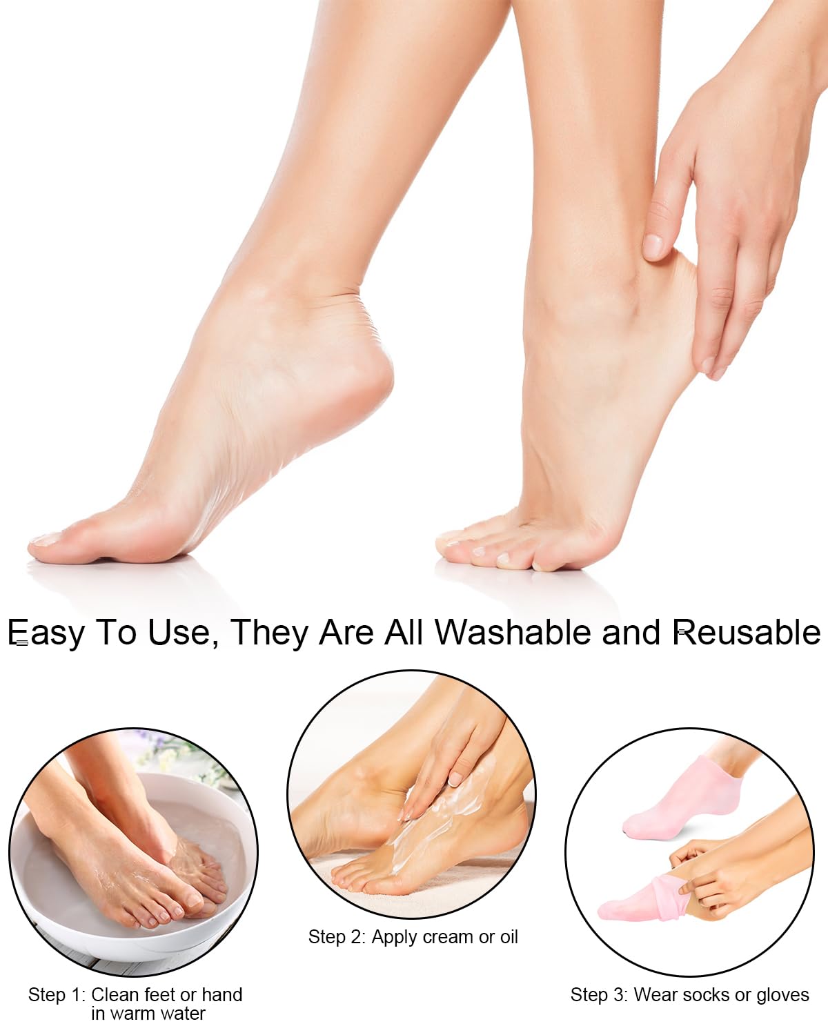 BLATOWN 2 Pairs Silicone Moisturizing Glove Socks Set, Anti Slip Soft Spa Gel Socks Softening Feet Dry Cracked Skin, Women Spa Pedicure Socks for Foot Hand Softening, Foot Care After Pedicure (White)