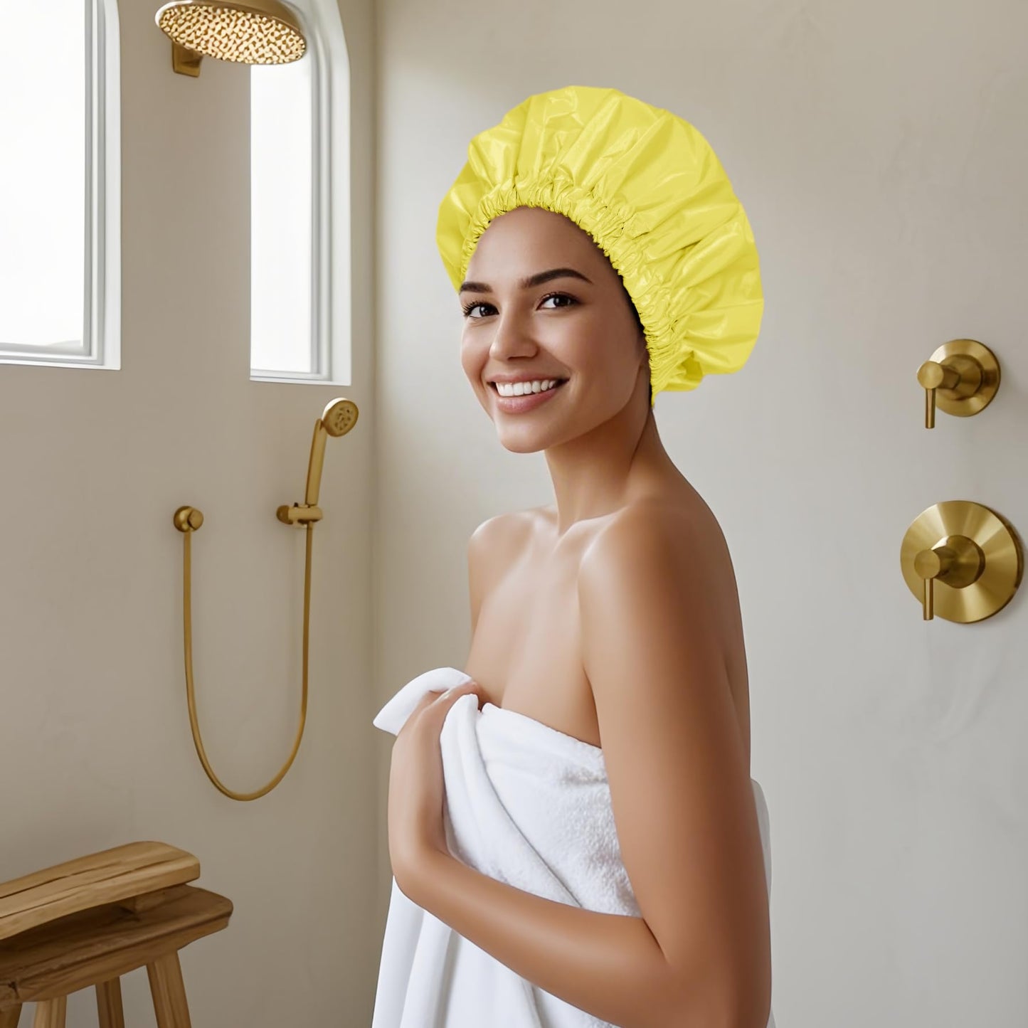 Reusable Shower Cap for Women, Large Waterproof Shower Bonnet Washable Elastic Band Bath Accessories Hair Hat for Long Hair, Braids(Bright Yellow)